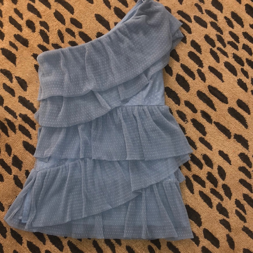 One-Shoulder Dusty Blue Swiss Dot Ruffled Blue Dress